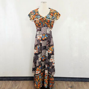 Vintage 60s 70s patchwork floral prairie dress maxi caplet fall boho women's